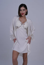 AXTZH Two-Piece Nightwear Set with Elegant Lace-Trimmed Robe and Matching Slip Dress for Women X2501-IVORY-F11S