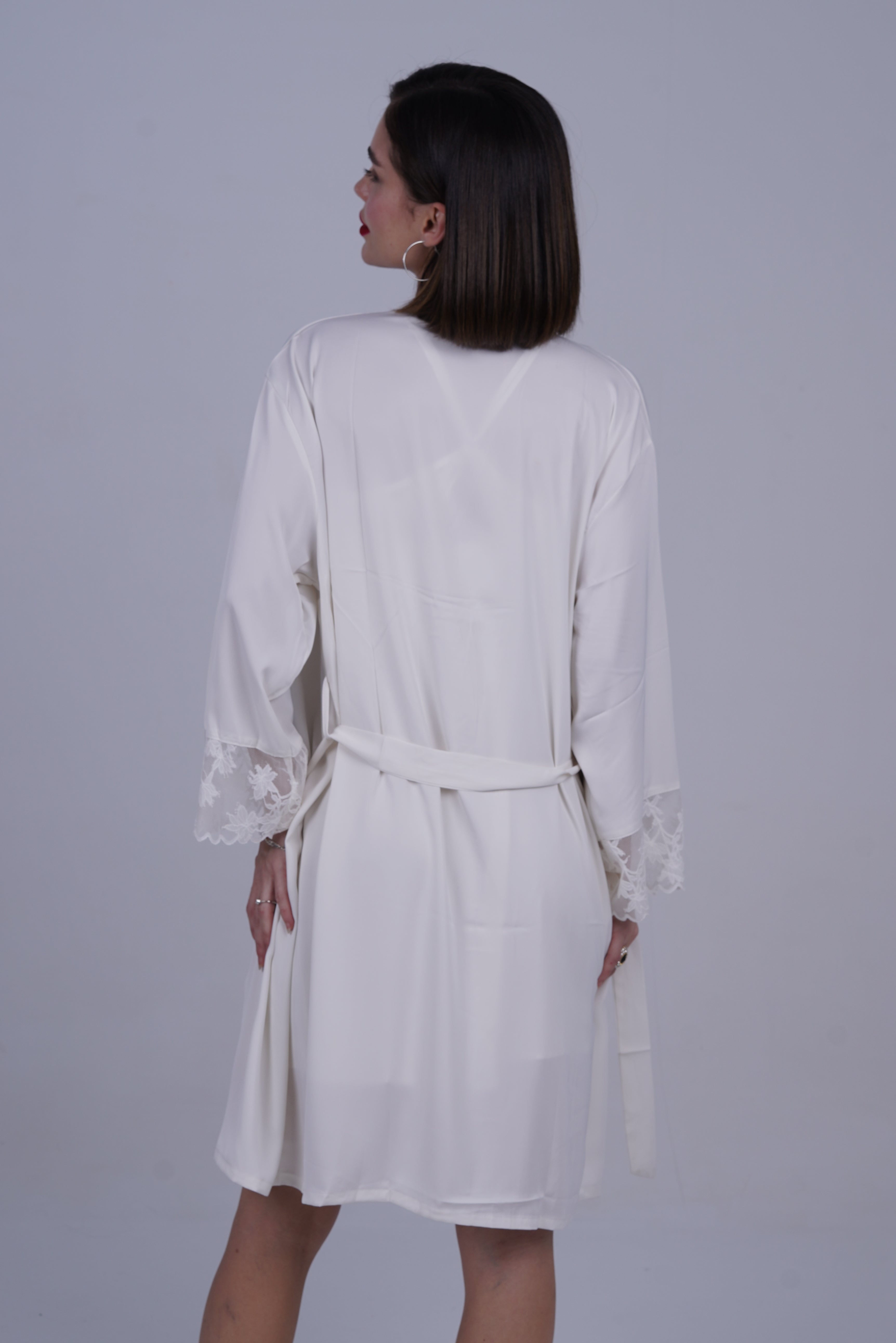 AXTZH Two-Piece Nightwear Set with Elegant Lace-Trimmed Robe and Matching Slip Dress for Women X2501-IVORY-F11S