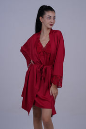 AXTZH Two-Piece Nightwear Set with Elegant Lace-Trimmed Robe and Matching Slip Dress for Women X2501-SCARLET-F11S