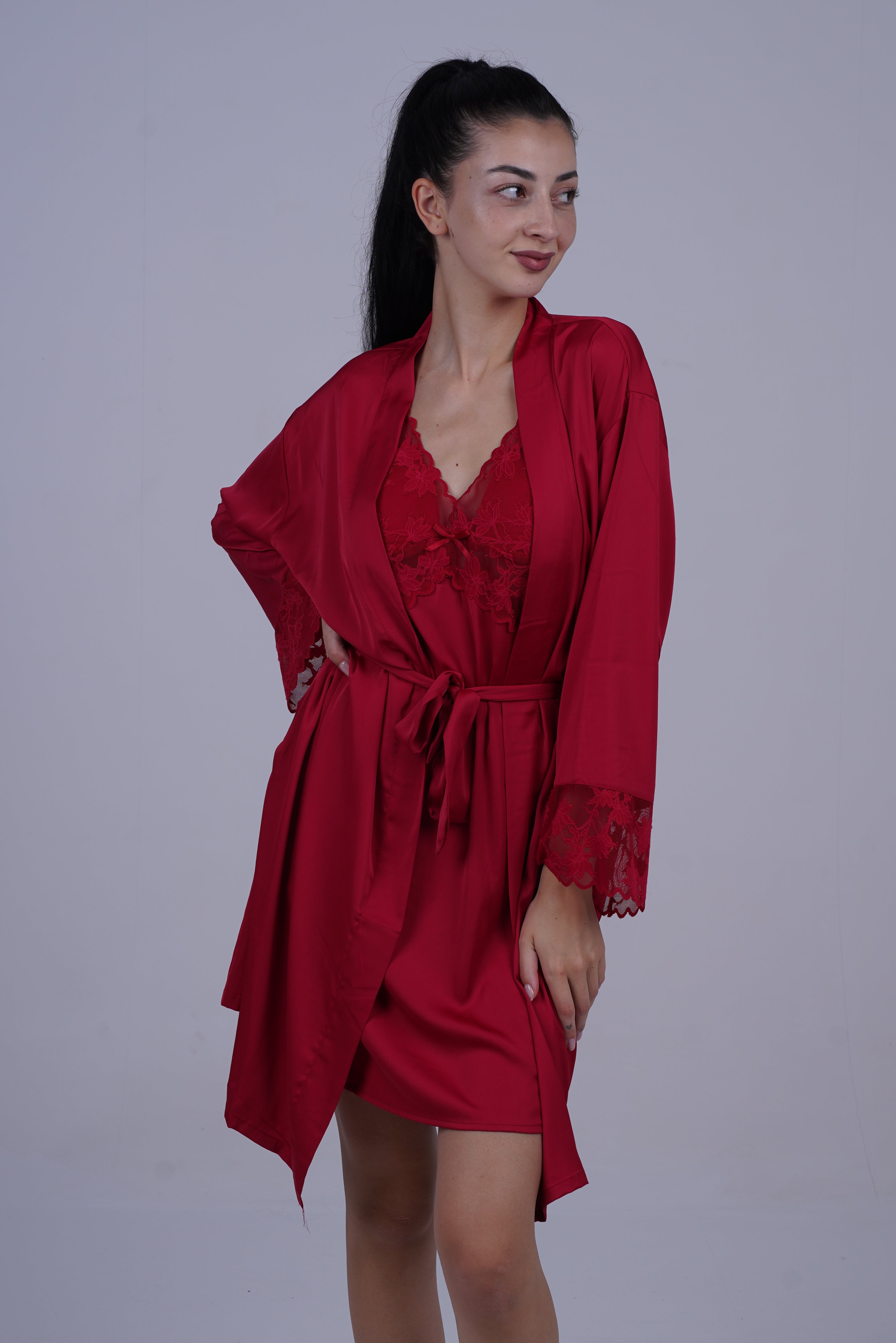 AXTZH Two-Piece Nightwear Set with Elegant Lace-Trimmed Robe and Matching Slip Dress for Women X2501-SCARLET-F11S