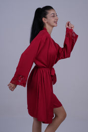 AXTZH Two-Piece Nightwear Set with Elegant Lace-Trimmed Robe and Matching Slip Dress for Women X2501-SCARLET-F11S