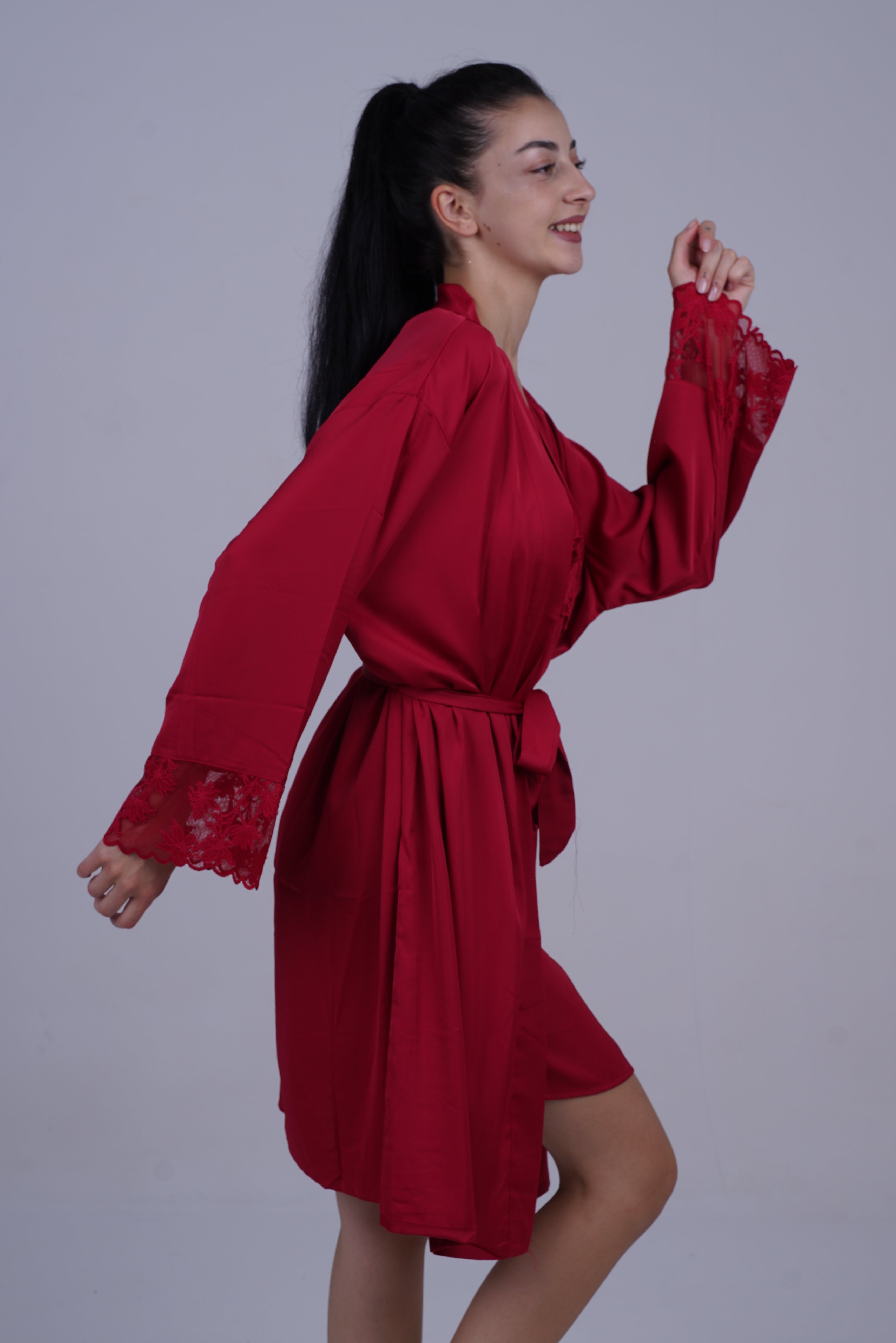 AXTZH Two-Piece Nightwear Set with Elegant Lace-Trimmed Robe and Matching Slip Dress for Women X2501-SCARLET-F11S