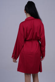 AXTZH Two-Piece Nightwear Set with Elegant Lace-Trimmed Robe and Matching Slip Dress for Women X2501-SCARLET-F11S