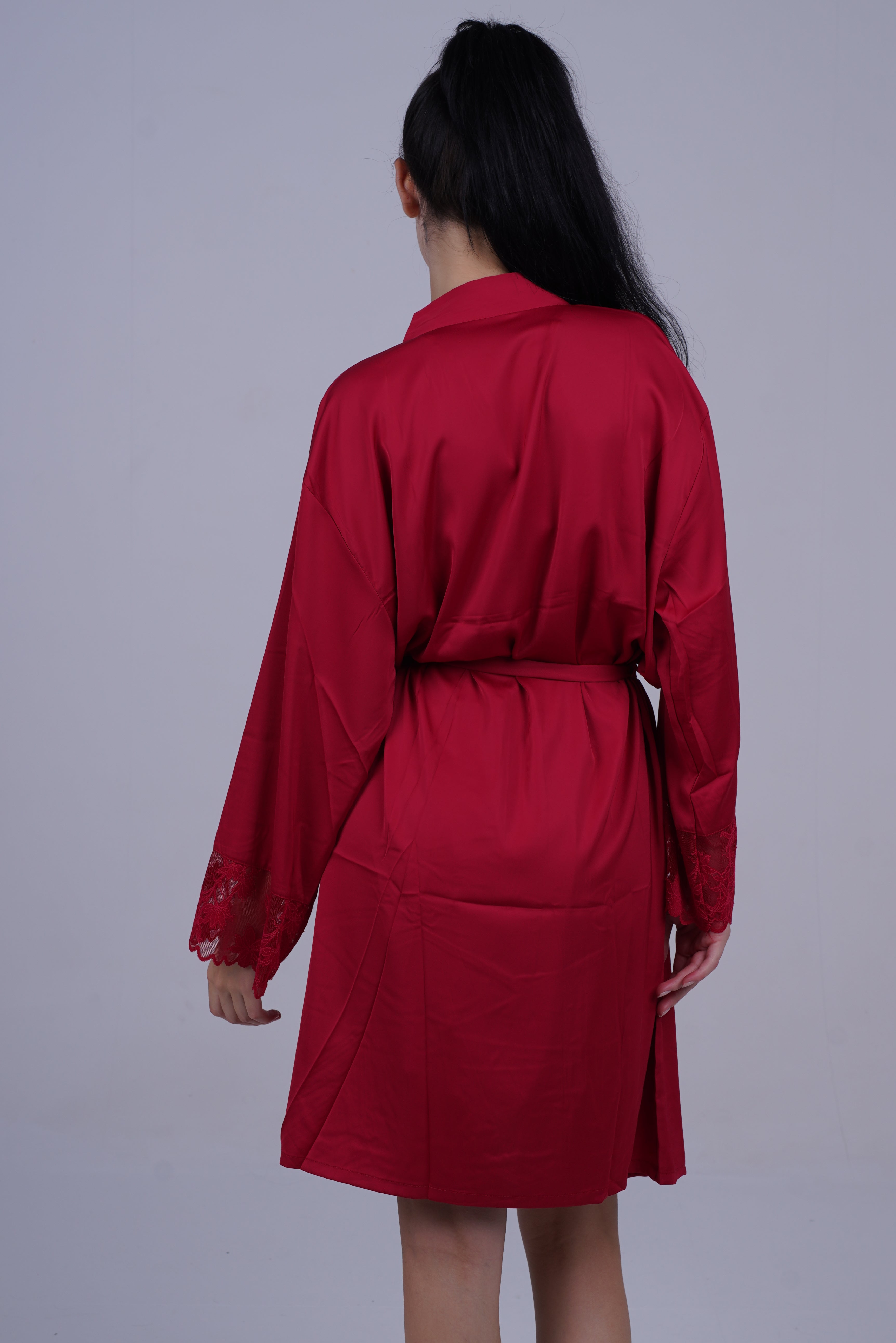 AXTZH Two-Piece Nightwear Set with Elegant Lace-Trimmed Robe and Matching Slip Dress for Women X2501-SCARLET-F11S