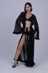 AXTZH Elegant Three-Piece Nightwear Set with Flowing Sheer Robe, Matching Belt, and Intimate Inner Layer X0330-BLACK-BIK3PN