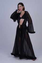 AXTZH Elegant Three-Piece Nightwear Set with Flowing Sheer Robe, Matching Belt, and Intimate Inner Layer X0330-BLACK-BIK3PN