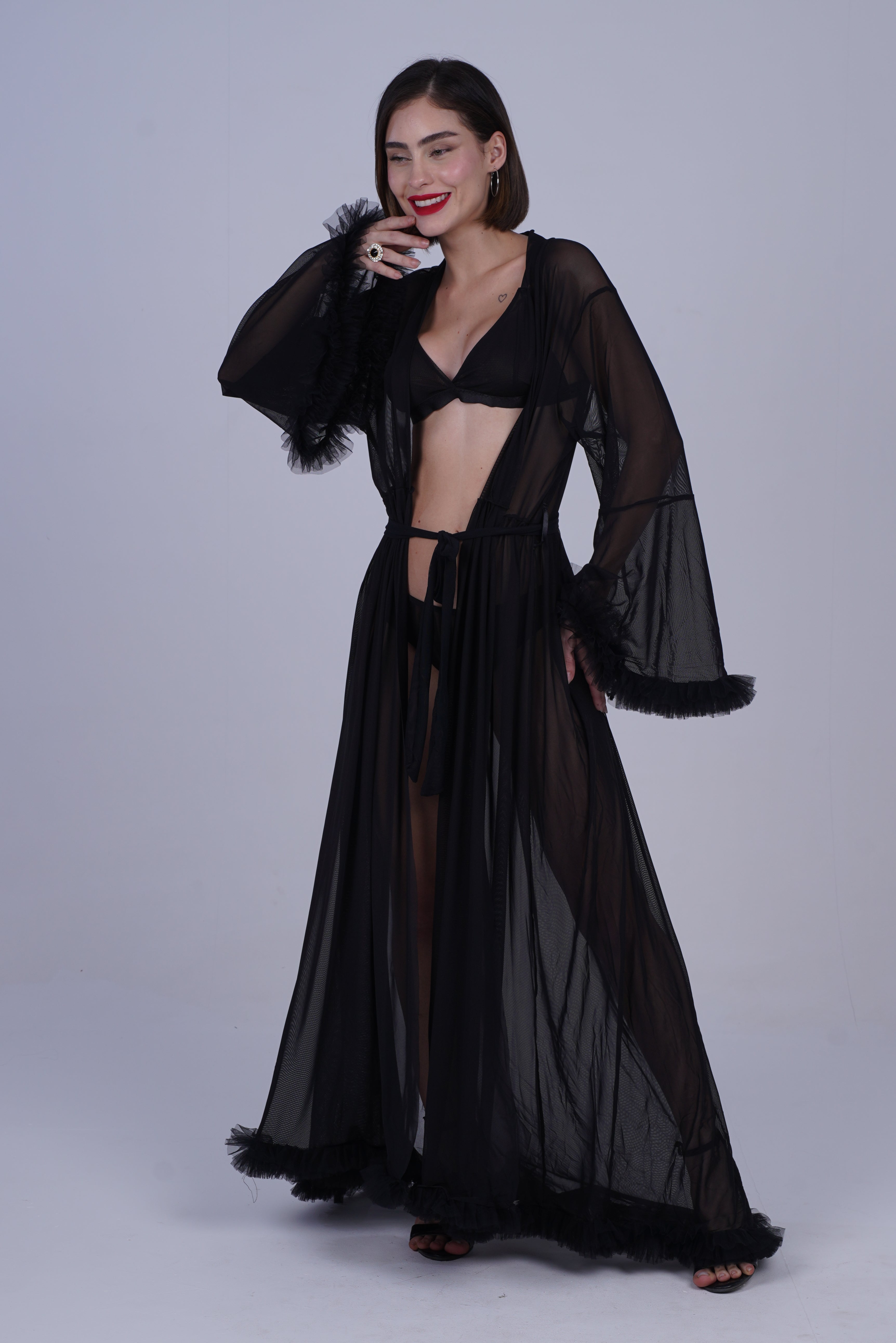 AXTZH Elegant Three-Piece Nightwear Set with Flowing Sheer Robe, Matching Belt, and Intimate Inner Layer X0330-BLACK-BIK3PN