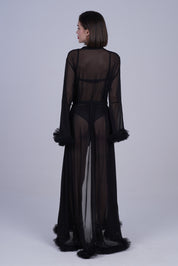 AXTZH Elegant Three-Piece Nightwear Set with Flowing Sheer Robe, Matching Belt, and Intimate Inner Layer X0330-BLACK-BIK3PN