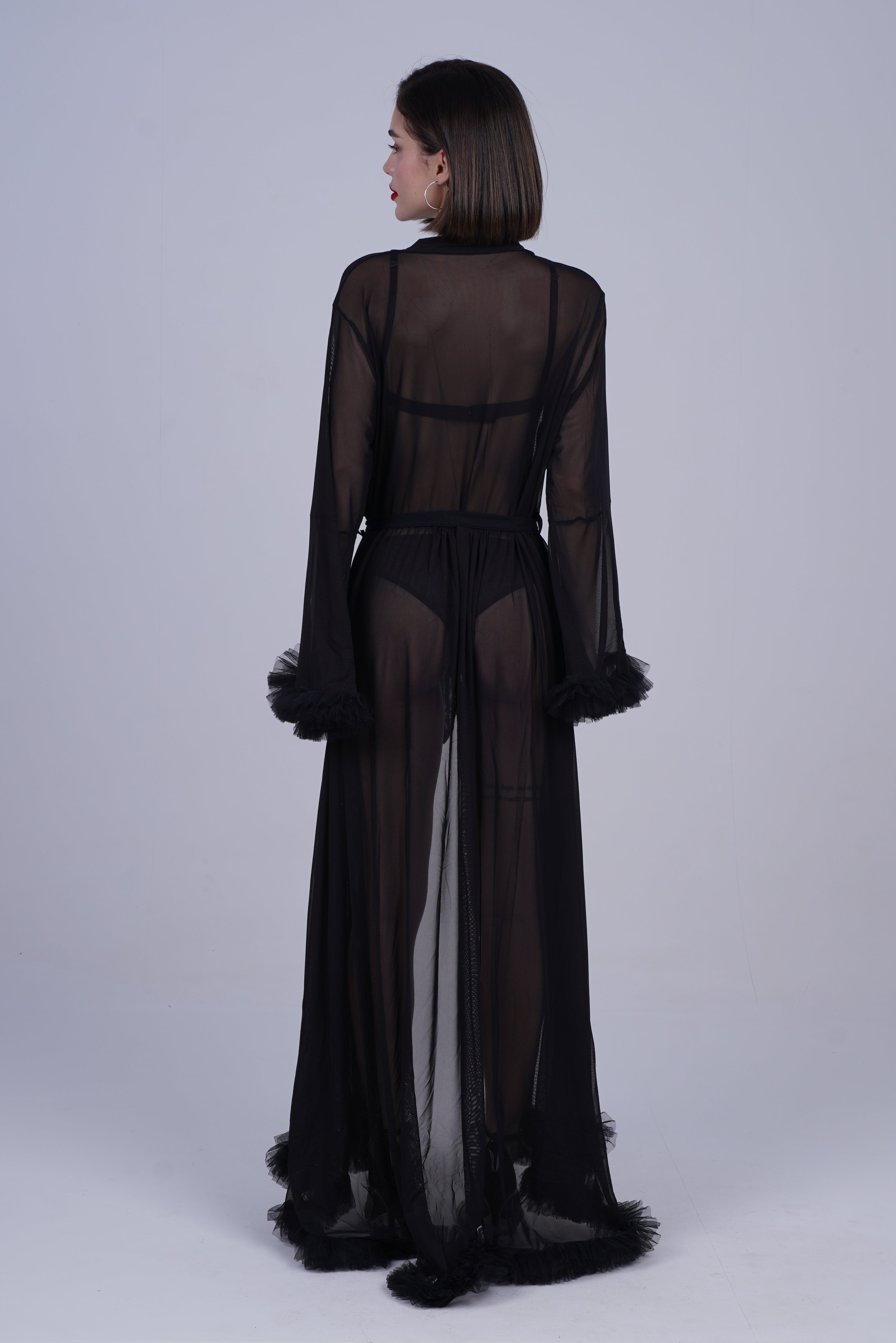 AXTZH Elegant Three-Piece Nightwear Set with Flowing Sheer Robe, Matching Belt, and Intimate Inner Layer X0330-BLACK-BIK3PN