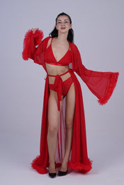 AXTZH Elegant Three-Piece Nightwear Set with Flowing Sheer Robe, Matching Belt, and Intimate Inner Layer X0330-RED-BIK3PN