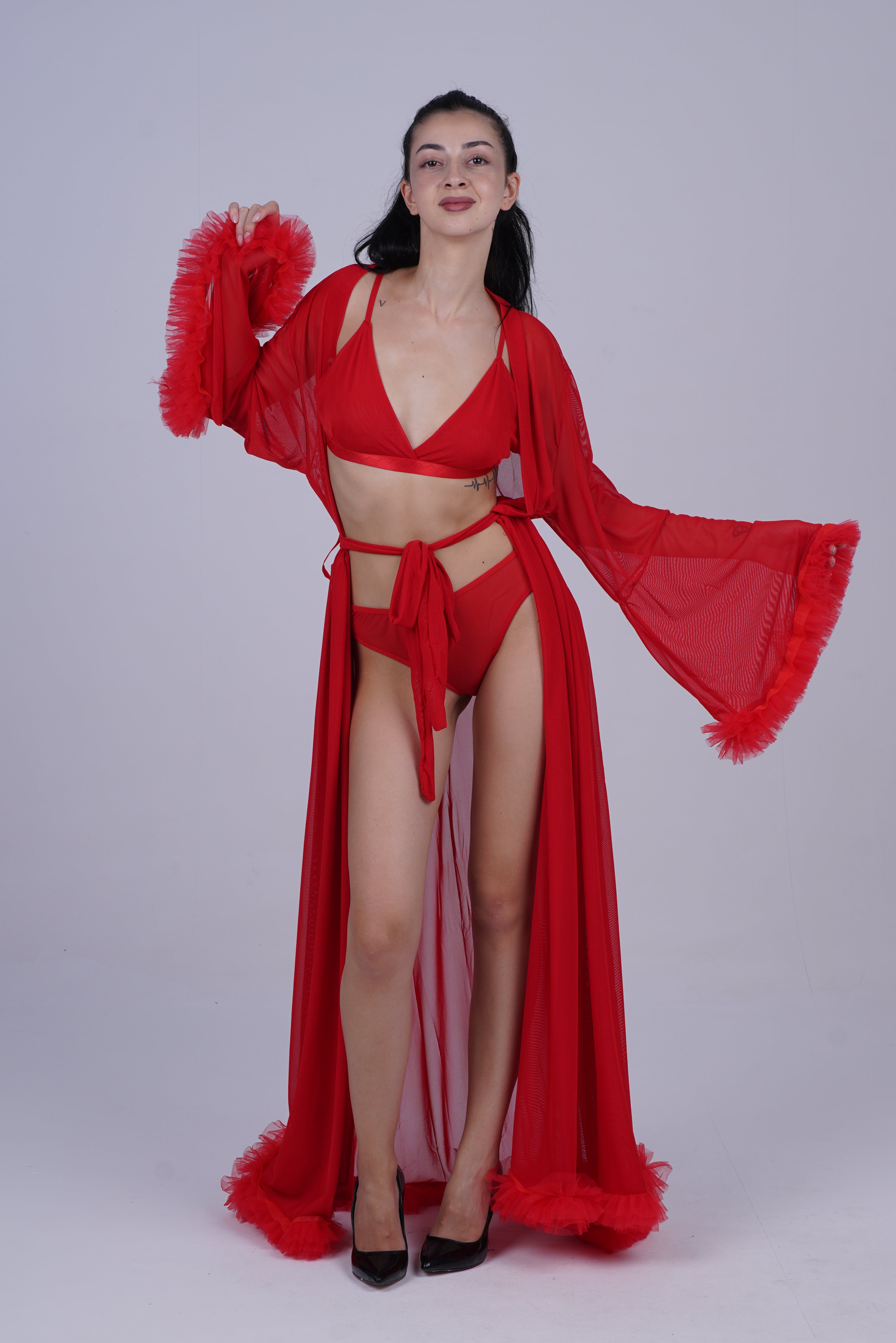 AXTZH Elegant Three-Piece Nightwear Set with Flowing Sheer Robe, Matching Belt, and Intimate Inner Layer X0330-RED-BIK3PN