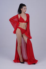 AXTZH Elegant Three-Piece Nightwear Set with Flowing Sheer Robe, Matching Belt, and Intimate Inner Layer X0330-RED-BIK3PN