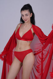 AXTZH Elegant Three-Piece Nightwear Set with Flowing Sheer Robe, Matching Belt, and Intimate Inner Layer X0330-RED-BIK3PN