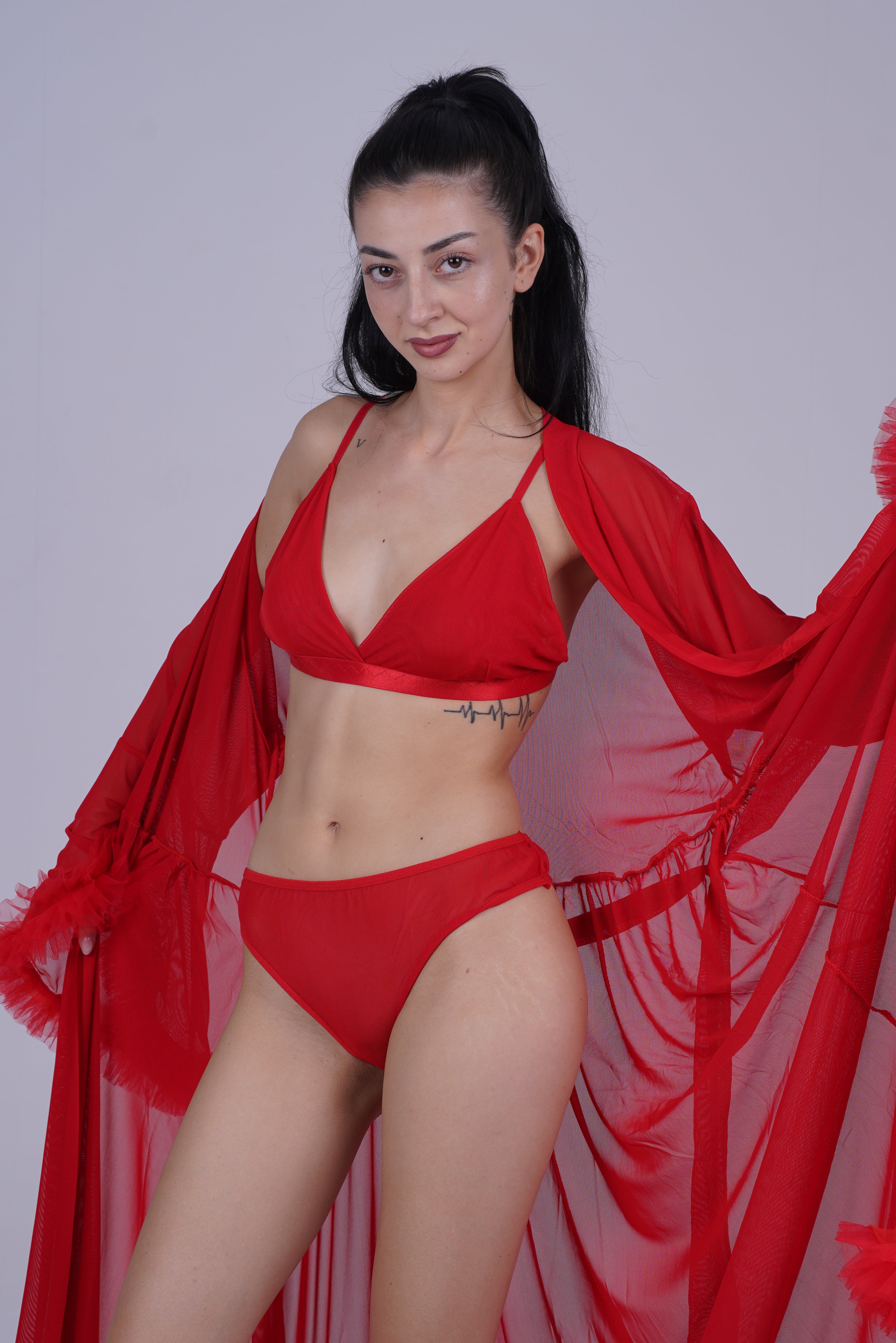 AXTZH Elegant Three-Piece Nightwear Set with Flowing Sheer Robe, Matching Belt, and Intimate Inner Layer X0330-RED-BIK3PN