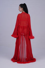 AXTZH Elegant Three-Piece Nightwear Set with Flowing Sheer Robe, Matching Belt, and Intimate Inner Layer X0330-RED-BIK3PN