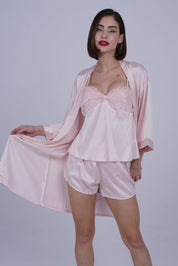 AXTZH Elegant 3-Piece Nightwear Set with Robe, Inner Slip, and Matching Shorts for Effortless Luxury X0198-PEACH-NSS3PS