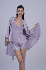 AXTZH Elegant 3-Piece Nightwear Set with Robe, Inner Slip, and Matching Shorts for Effortless Luxury X0198-LILAC-NSS3PS