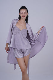 AXTZH Elegant 3-Piece Nightwear Set with Robe, Inner Slip, and Matching Shorts for Effortless Luxury X0198-LILAC-NSS3PS