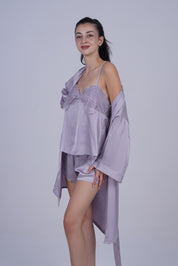 AXTZH Elegant 3-Piece Nightwear Set with Robe, Inner Slip, and Matching Shorts for Effortless Luxury X0198-LILAC-NSS3PS
