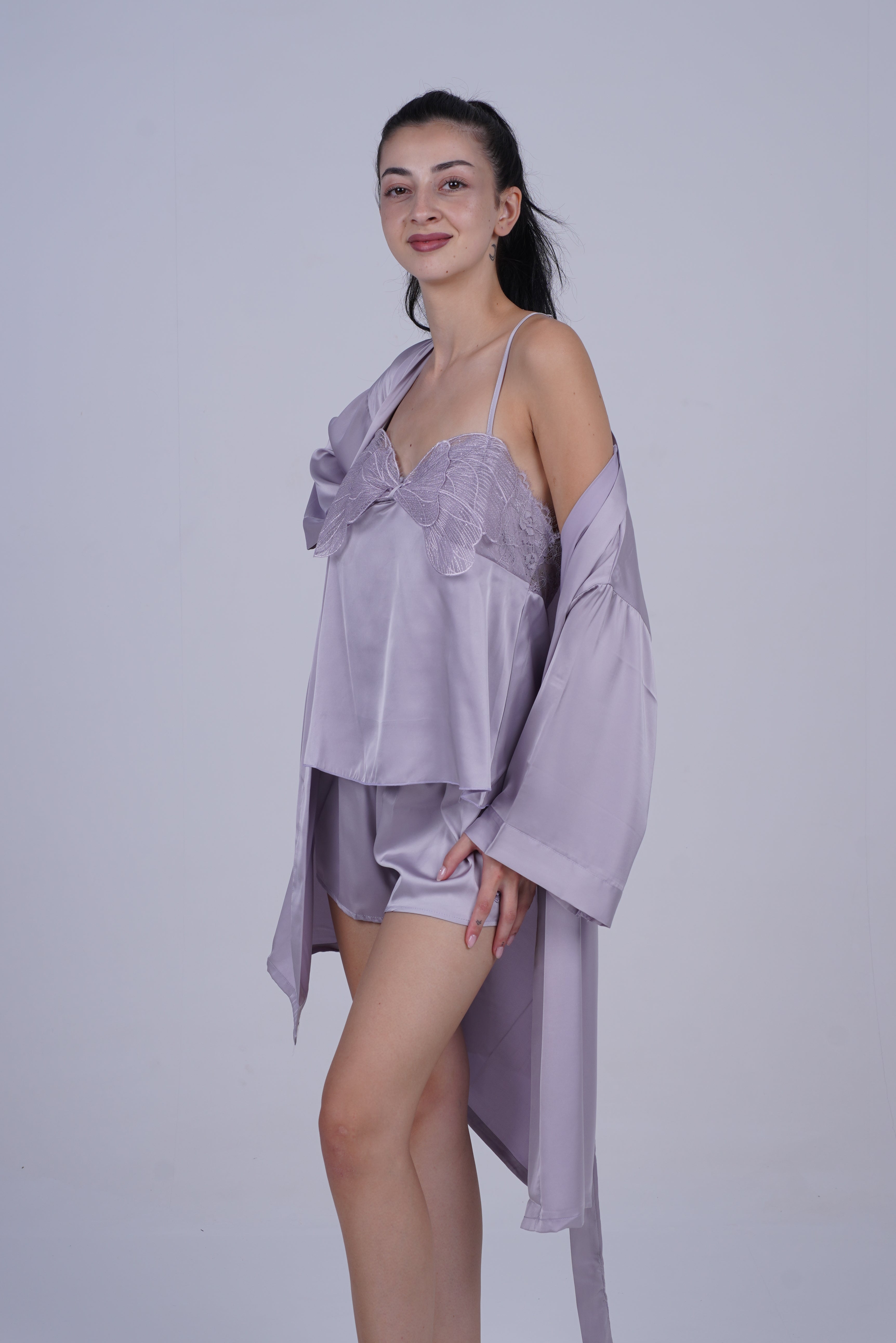 AXTZH Elegant 3-Piece Nightwear Set with Robe, Inner Slip, and Matching Shorts for Effortless Luxury X0198-LILAC-NSS3PS