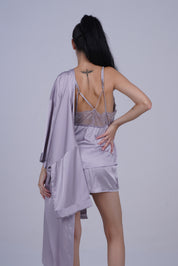 AXTZH Elegant 3-Piece Nightwear Set with Robe, Inner Slip, and Matching Shorts for Effortless Luxury X0198-LILAC-NSS3PS