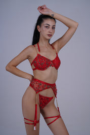 AXTZH Seductive 3-Piece Nightwear Set with Bra, Panty, and Garter Belt for an Alluring Look X0017-RED-BS3P