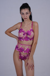 AXTZH Seductive 3-Piece Nightwear Set with Bra, Panty, and Garter Belt for an Alluring Look X0556-FUCHSIA-BS3P