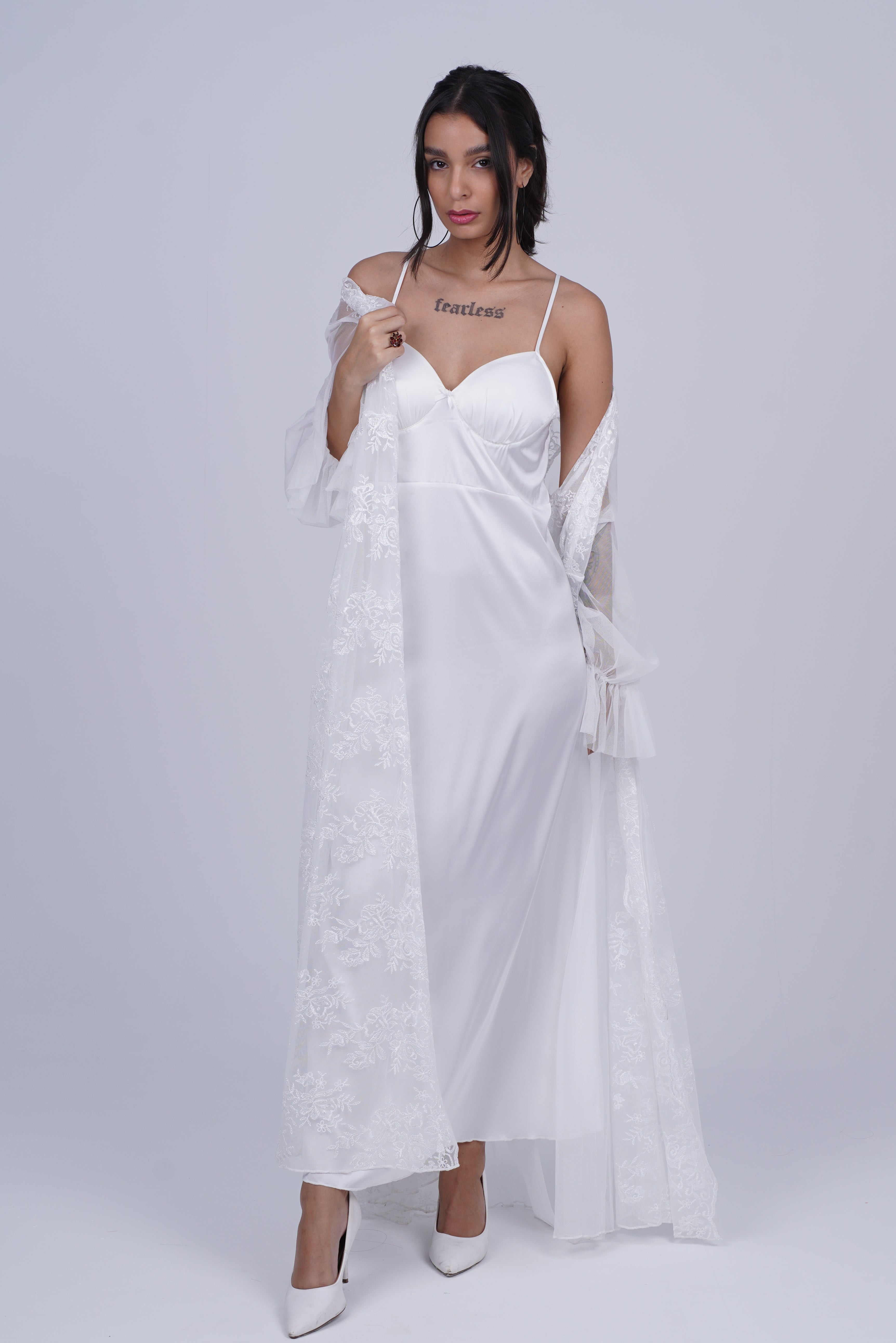 AXTZH Two-Piece Nightwear Set for Women with Elegant Robe and Inner Slip Dress X3009-WHITE-F22S