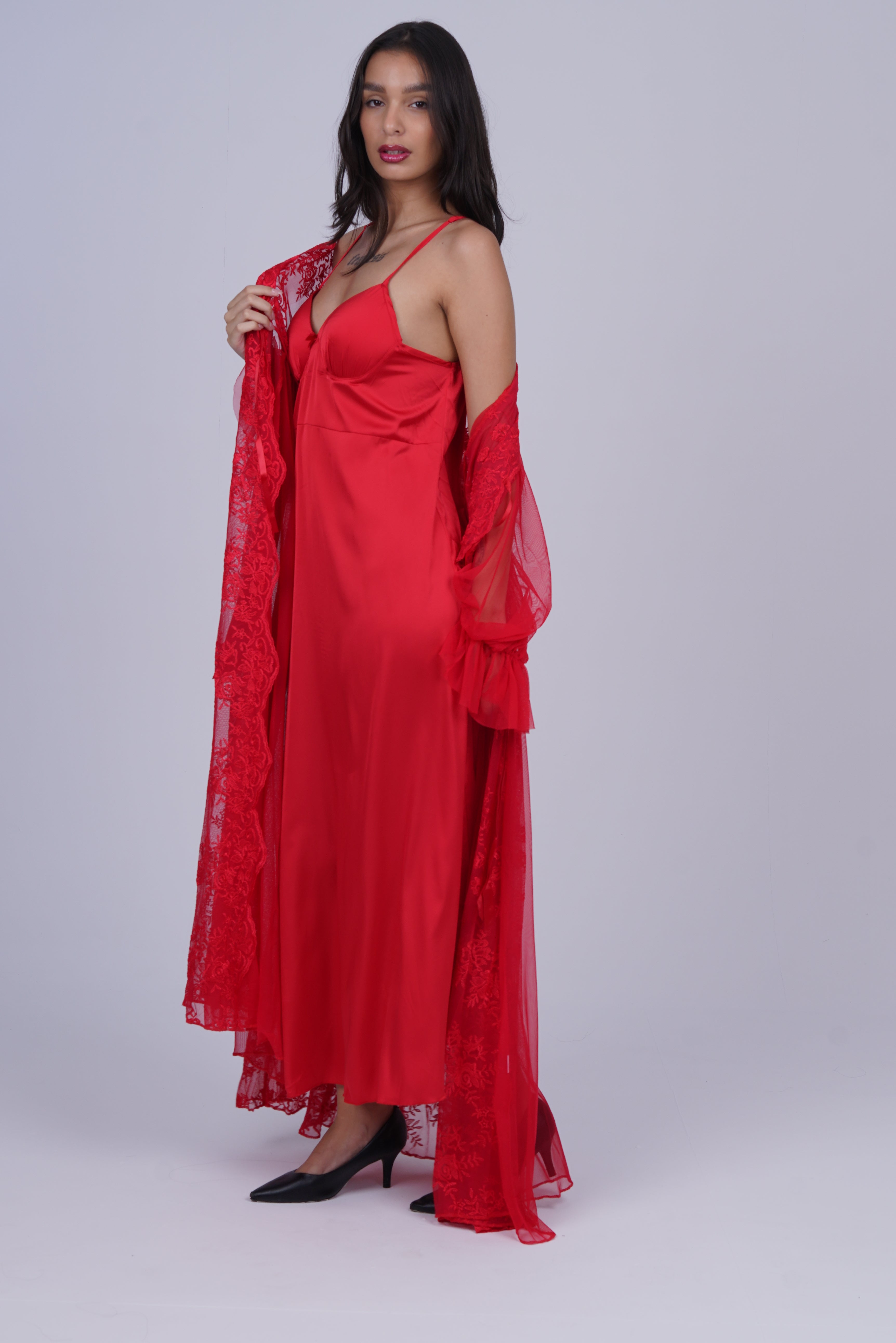 AXTZH Two-Piece Nightwear Set for Women with Elegant Robe and Inner Slip Dress X3009-CRIMSON-F22S