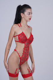 AXTZH Lace Chain Detail Bodysuit NIGHTWEAR X0016-RED-BS1P