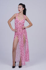 AXTZH Elegant Floral Slit Long Nightwear Dress for Women X2924-PINPR-F2N