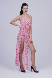 AXTZH Elegant Floral Slit Long Nightwear Dress for Women X2924-PINPR-F2N