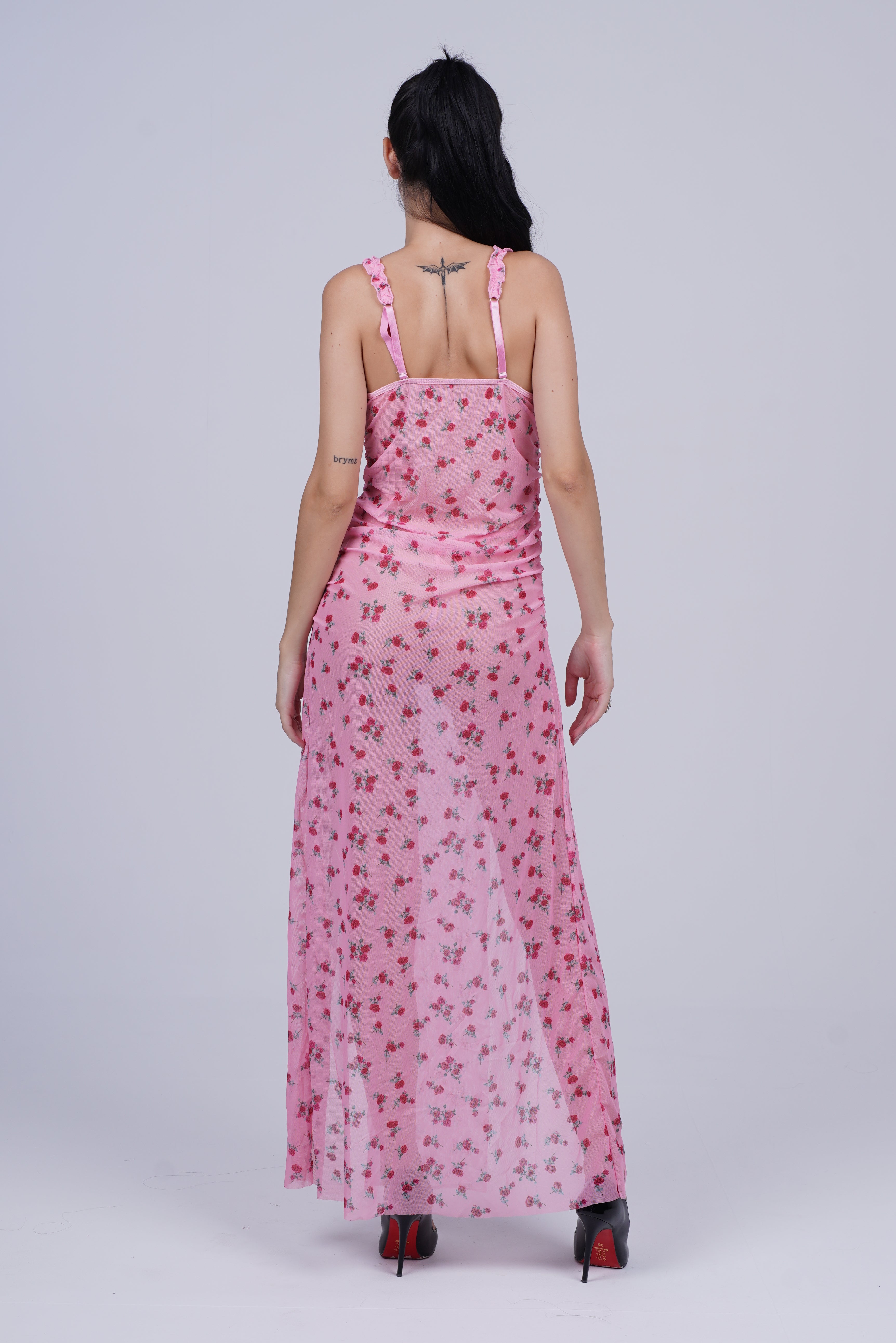 AXTZH Elegant Floral Slit Long Nightwear Dress for Women X2924-PINPR-F2N