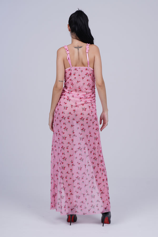 AXTZH Elegant Floral Slit Long Nightwear Dress for Women X2924-PINPR-F2N