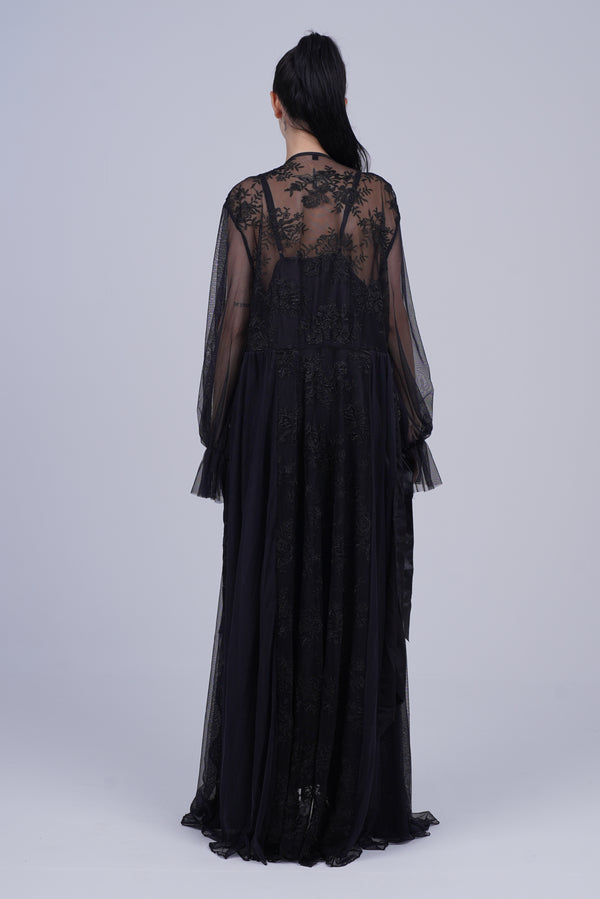 AXTZH Two-Piece Nightwear Set for Women with Elegant Robe and Inner Slip Dress X3009-BLACK-F22S