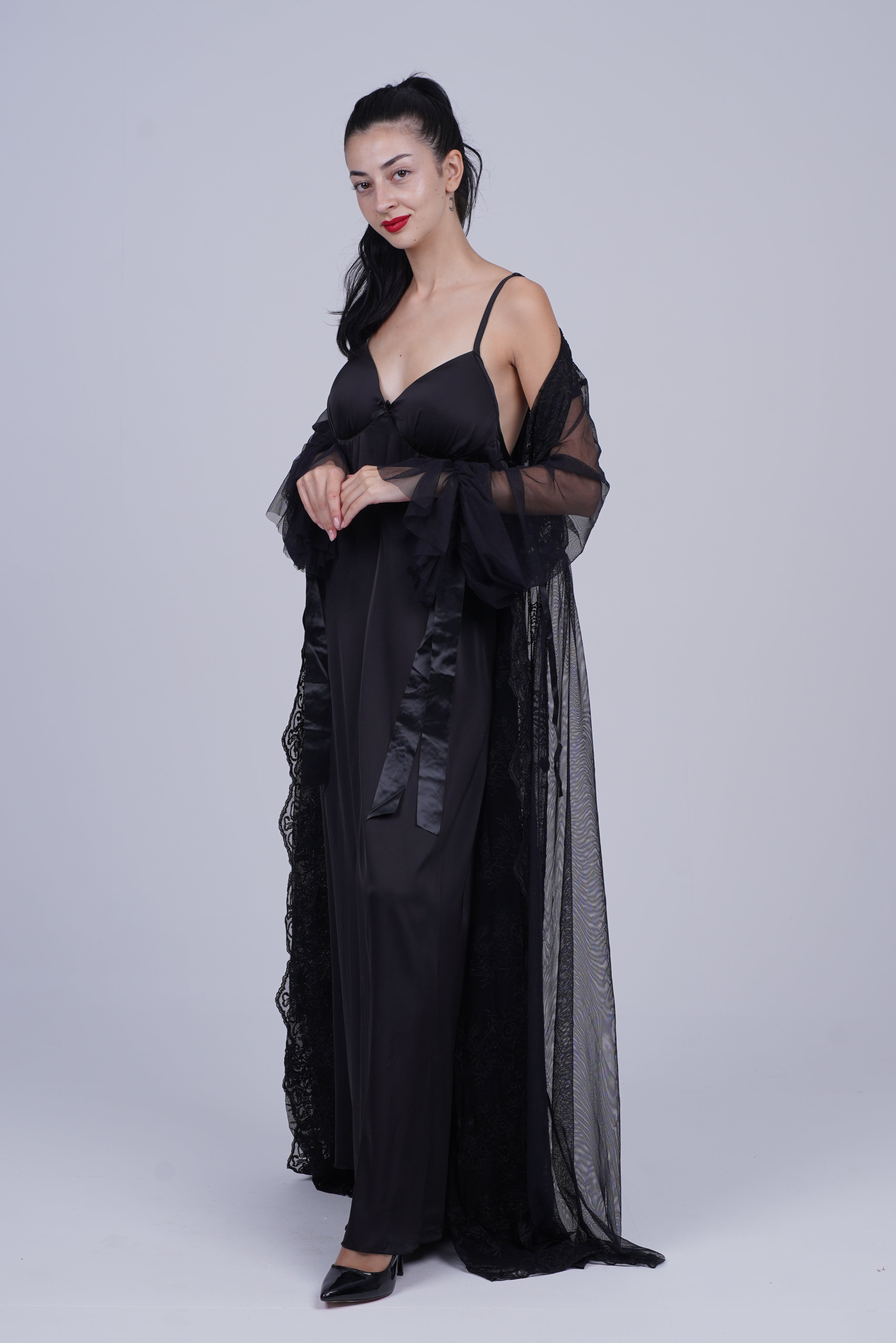 AXTZH Two-Piece Nightwear Set for Women with Elegant Robe and Inner Slip Dress X3009-BLACK-F22S