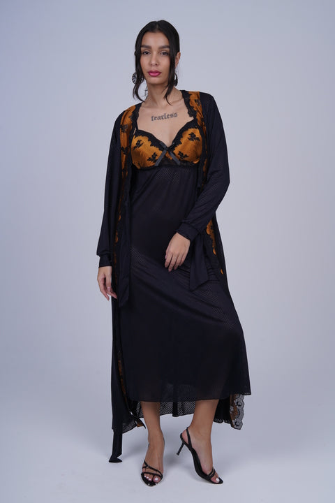 AXTZH Elegant Two-Piece Long Nightwear Set for Women X3220-BLACK-F22M