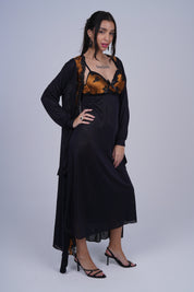 AXTZH Elegant Two-Piece Long Nightwear Set for Women X3220-BLACK-F22M