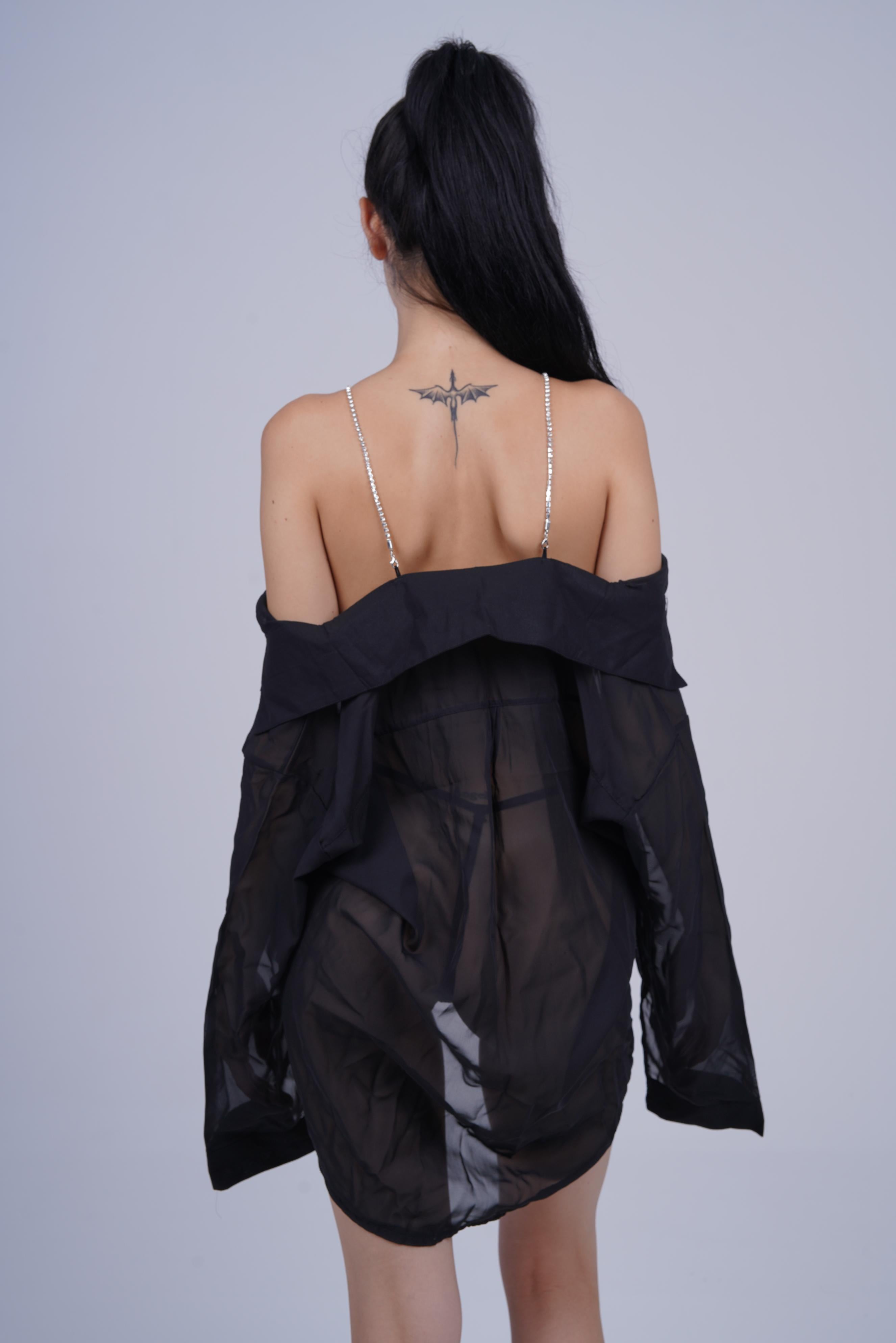 AXTZH One-Piece Women’s Nightwear Shirt Dress with Button-Down Front and Lace Sleeve Detailing X7684-BLACK-G1G