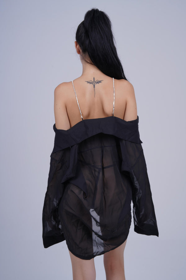 AXTZH One-Piece Women’s Nightwear Shirt Dress with Button-Down Front and Lace Sleeve Detailing X7684-BLACK-G1G