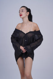 AXTZH One-Piece Women’s Nightwear Shirt Dress with Button-Down Front and Lace Sleeve Detailing X7684-BLACK-G1G