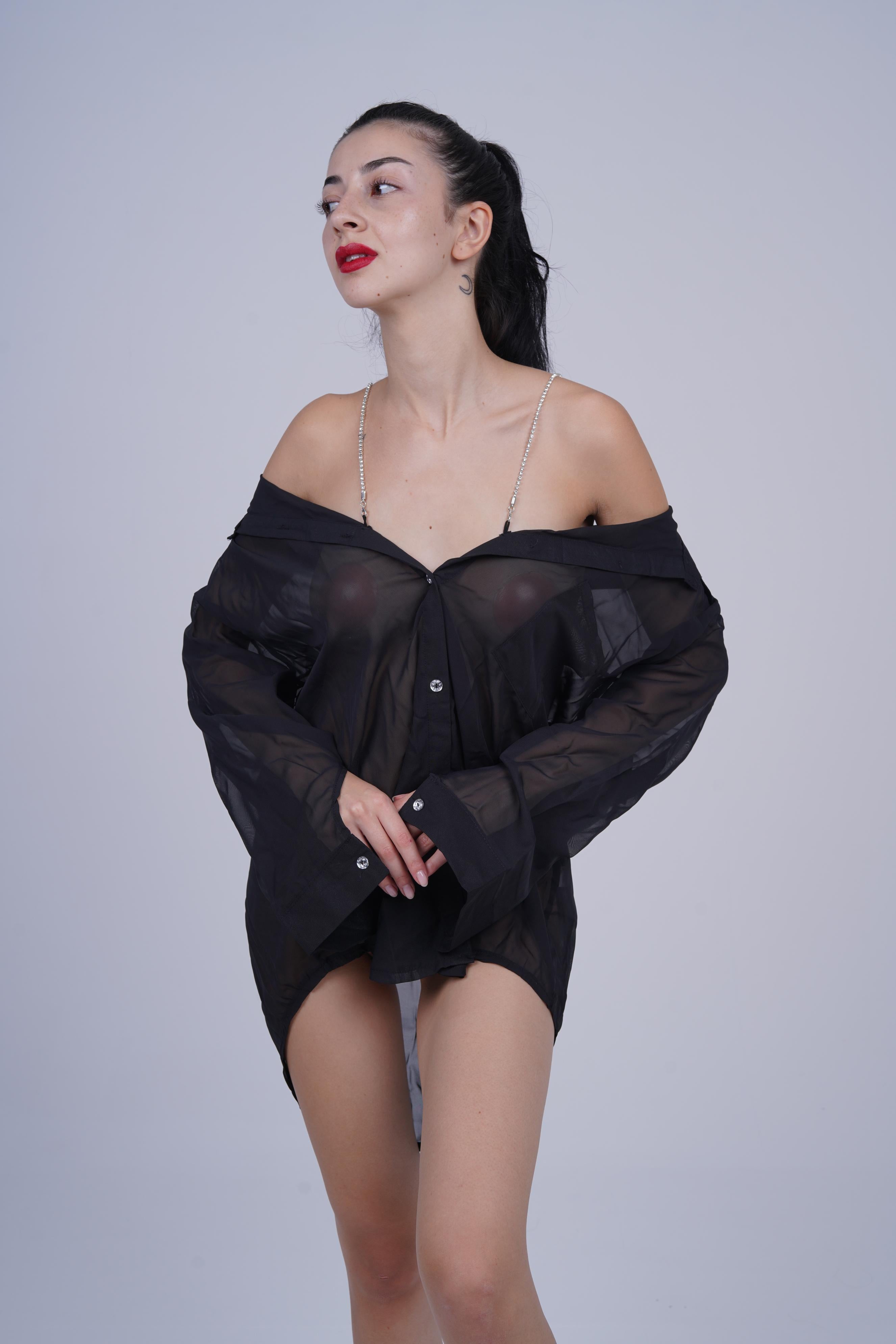 AXTZH One-Piece Women’s Nightwear Shirt Dress with Button-Down Front and Lace Sleeve Detailing X7684-BLACK-G1G