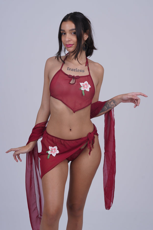 AXTZH NIGHTWEAR Three-piece set: halter bralette, matching bottom, and wrap X7043-SCARLET-BIK3PN