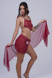AXTZH NIGHTWEAR Three-piece set: halter bralette, matching bottom, and wrap X7043-SCARLET-BIK3PN
