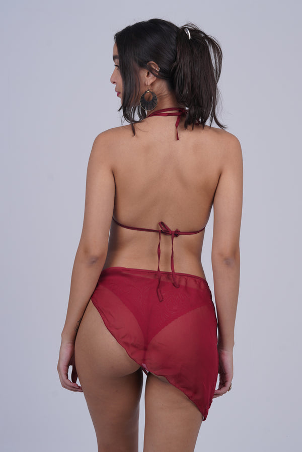 AXTZH NIGHTWEAR Three-piece set: halter bralette, matching bottom, and wrap X7043-SCARLET-BIK3PN