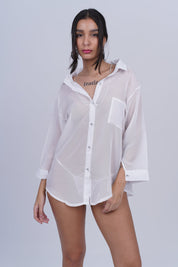 AXTZH One-Piece Women’s Nightwear Shirt Dress with Button-Down Front and Lace Sleeve Detailing X7684-WHITE-G1G