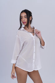 AXTZH One-Piece Women’s Nightwear Shirt Dress with Button-Down Front and Lace Sleeve Detailing X7684-WHITE-G1G