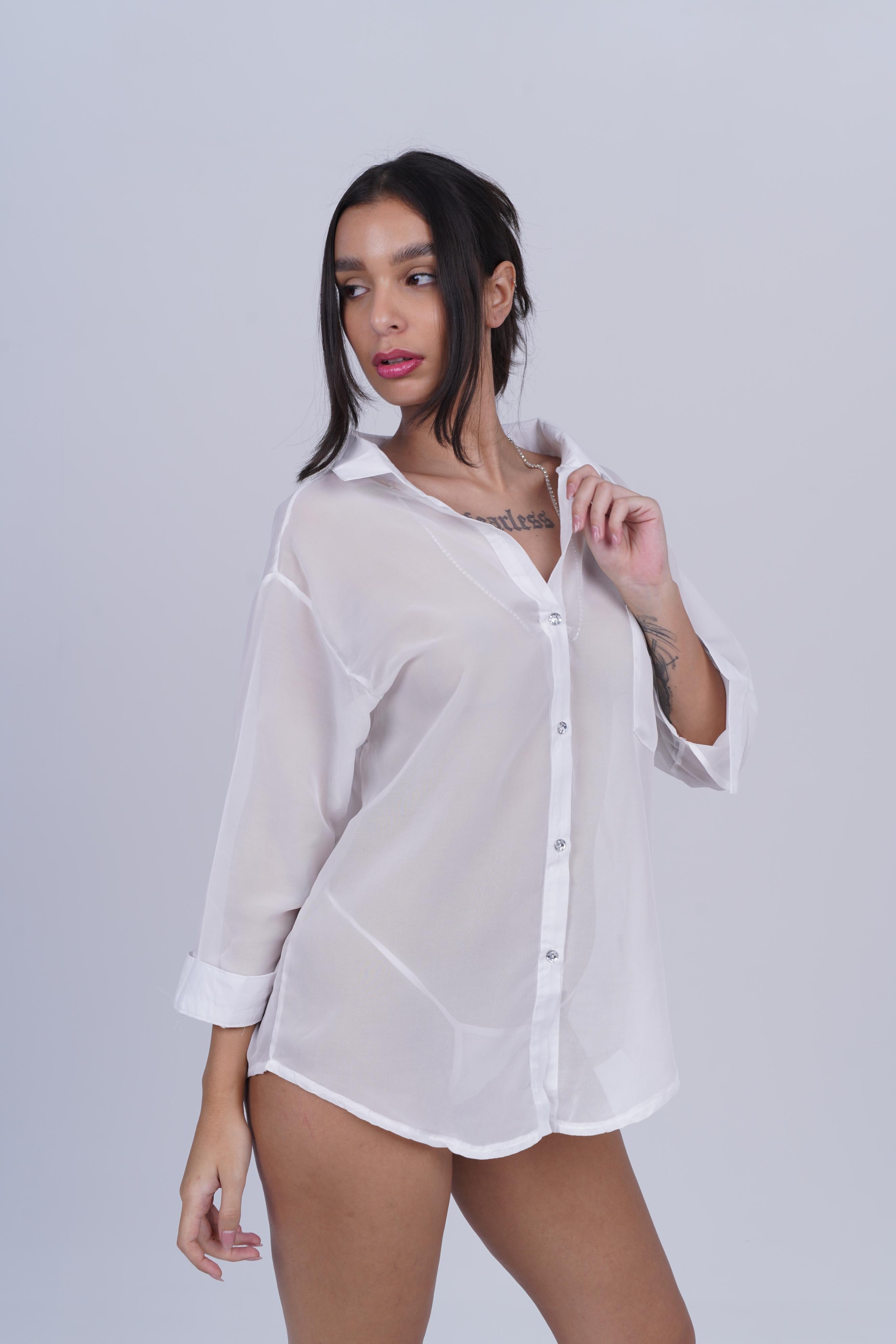 AXTZH One-Piece Women’s Nightwear Shirt Dress with Button-Down Front and Lace Sleeve Detailing X7684-WHITE-G1G