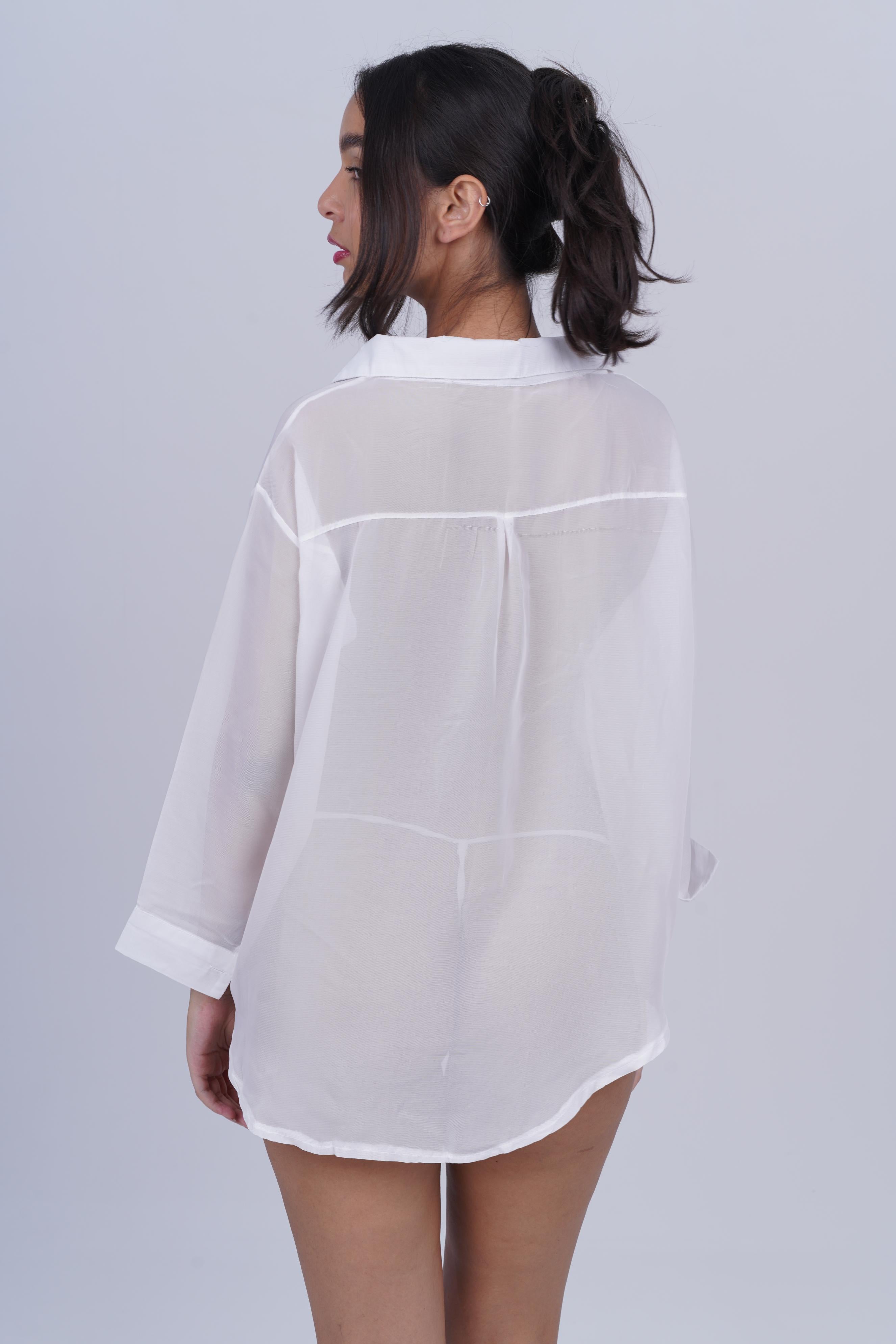 AXTZH One-Piece Women’s Nightwear Shirt Dress with Button-Down Front and Lace Sleeve Detailing X7684-WHITE-G1G