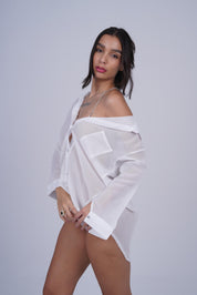 AXTZH One-Piece Women’s Nightwear Shirt Dress with Button-Down Front and Lace Sleeve Detailing X7684-WHITE-G1G